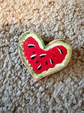 Vintage Tole Painted Watermelon Slice Heart Wooden Brooch Pin for Women